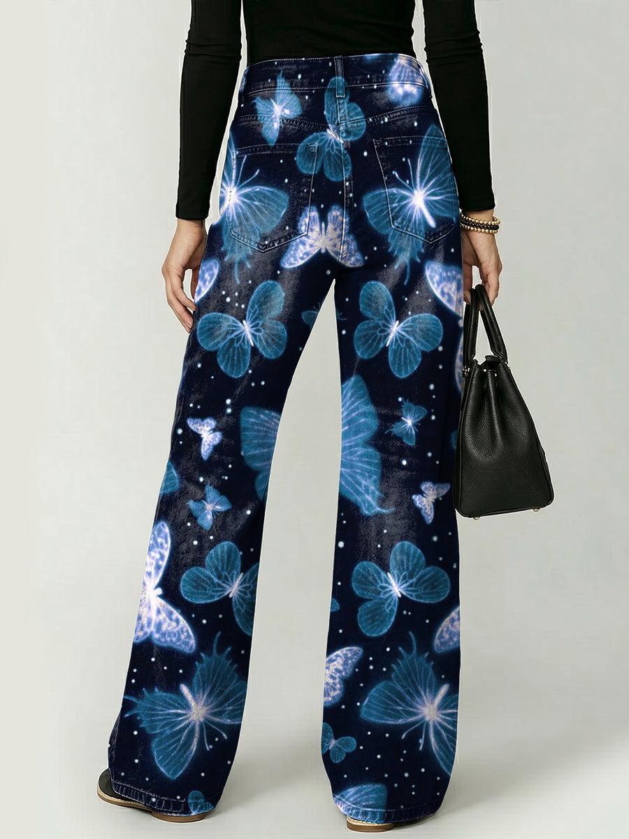 Dreamlike Butterfly Decorative Pattern Women's Casual Denim Pants
