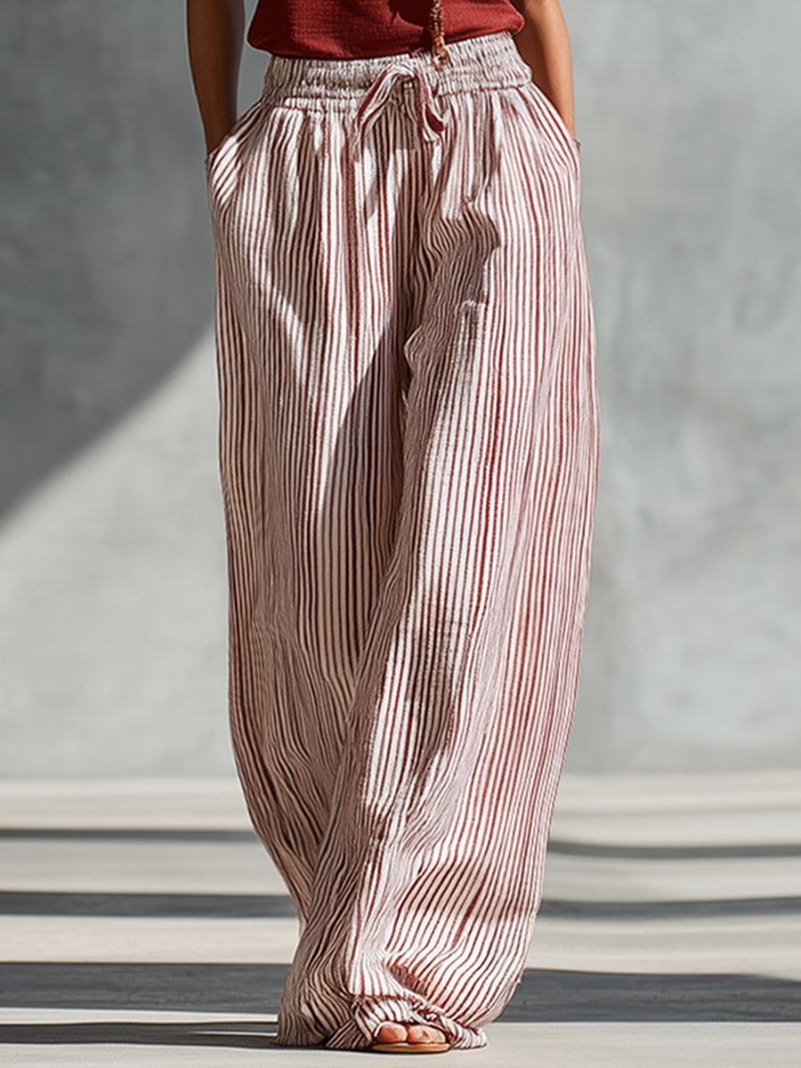 Vest + Striped Cotton-linen Wide-leg Pants Set