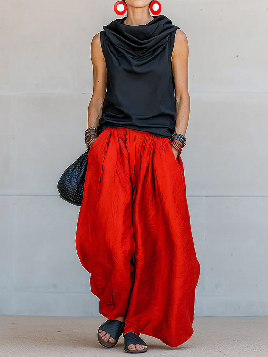 Women's Casual Cotton-linen Set: Sleeveless Mock-neck Loose-fit Top & Elastic-waist Wide-leg Pants