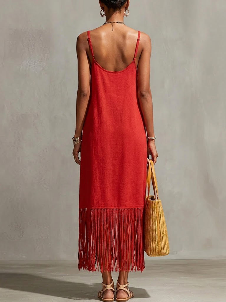 Bohemian V-neck Fringe Cami Cotton-linen Maxi Dress