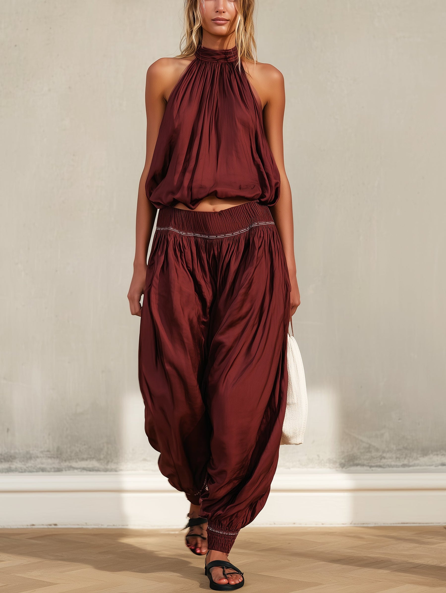 Halter Top + Elastic-waist Harem Pants Set
