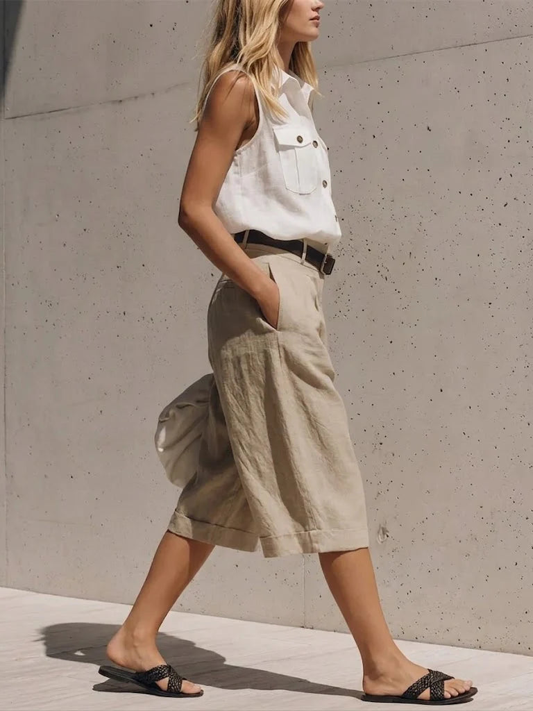 Women's Linen Sleeveless Work Shirt With Pleated Wide-leg Shorts Set