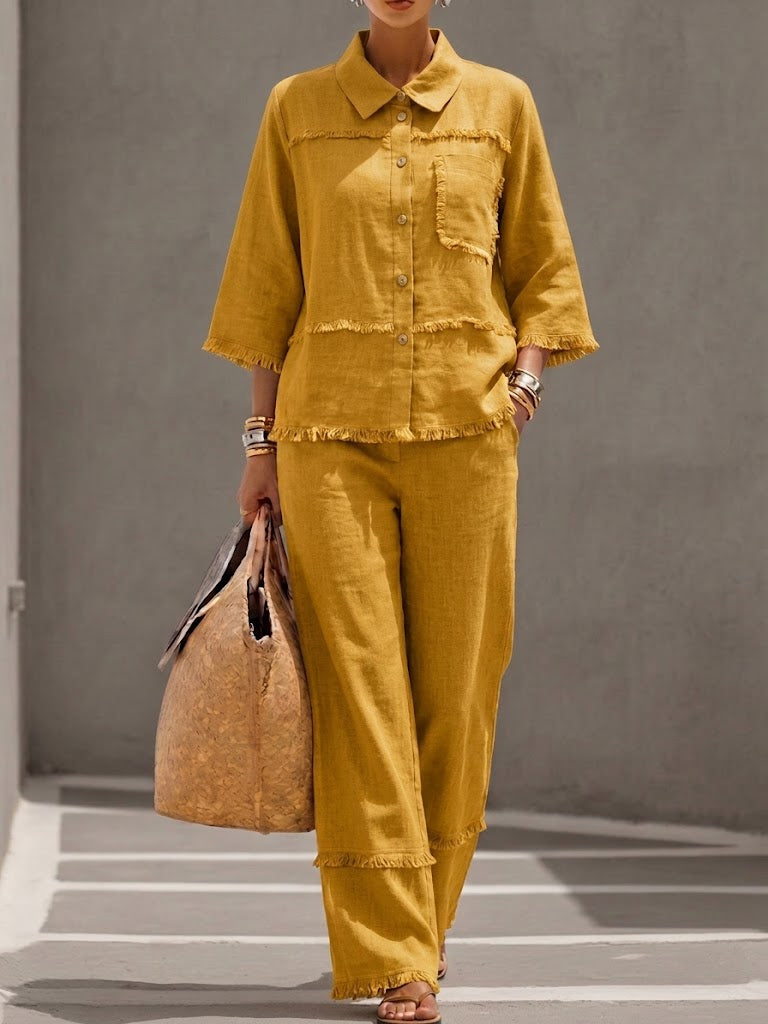 Casual Frayed-hem Linen And Cotton Shirt And Pants Two-piece Set