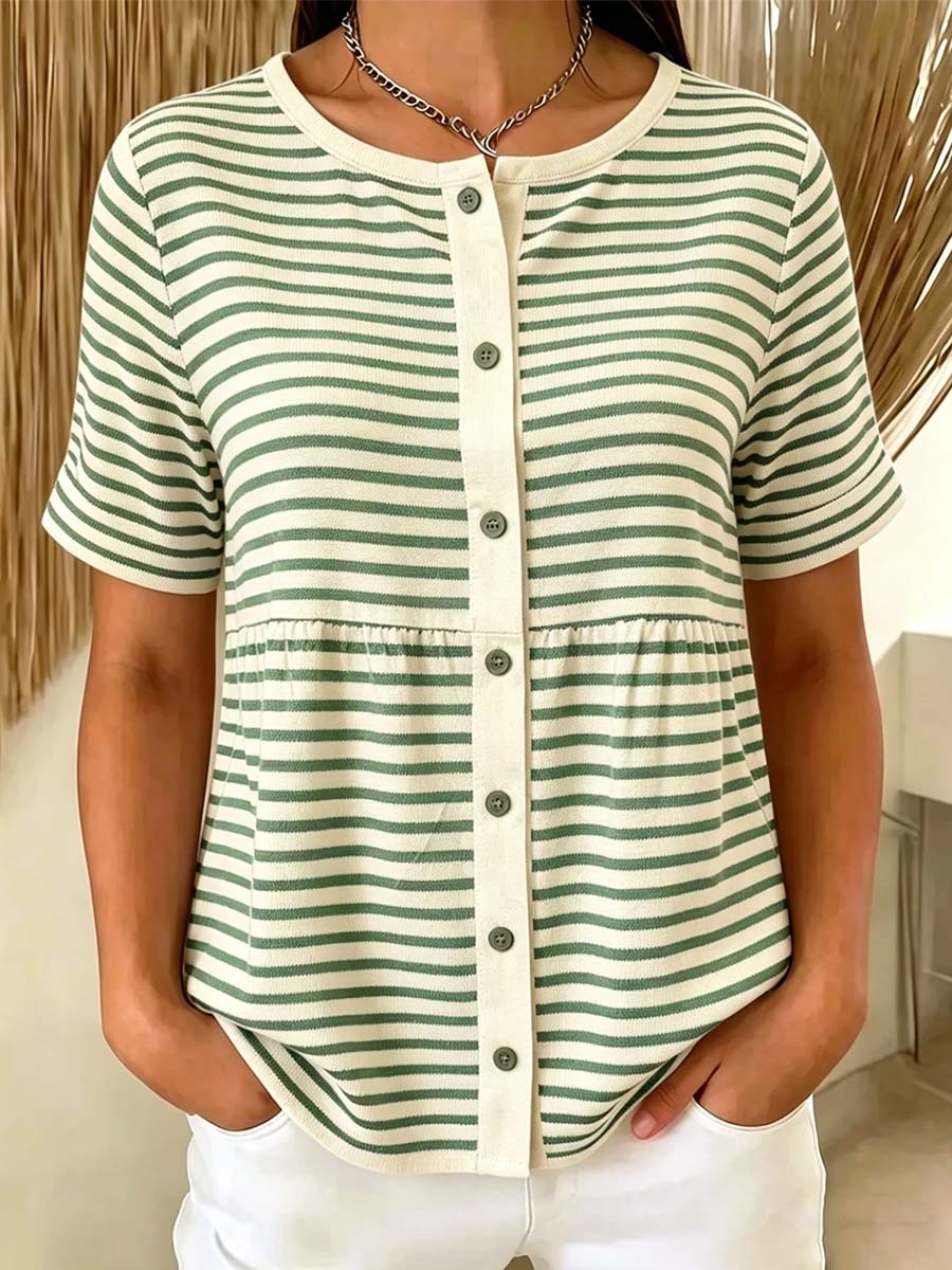 Women's Striped Pattern Art Print Casual Short Sleeve Cotton Shirt
