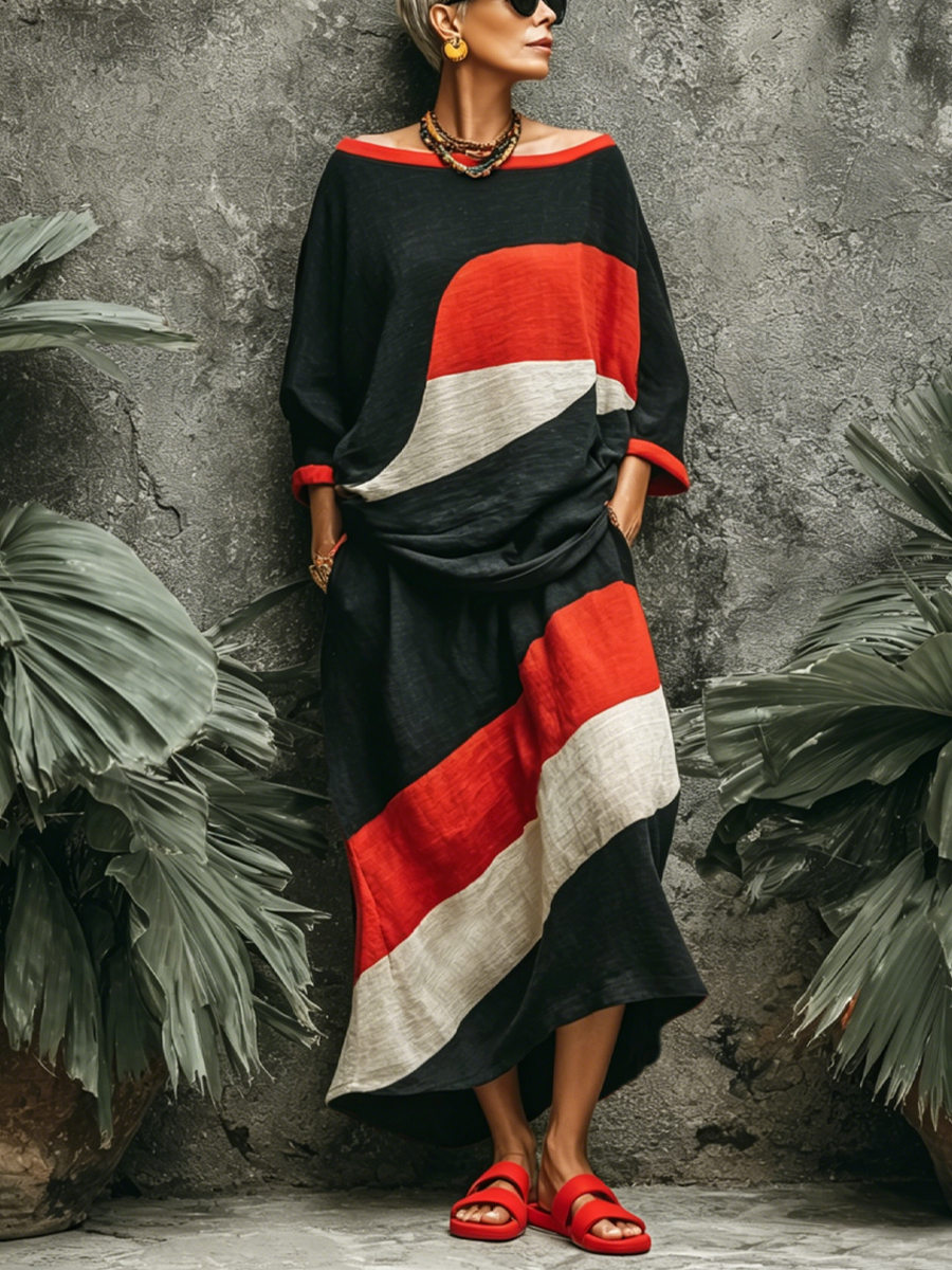 Women's Vintage Color-block Pattern Top And Skirt Set
