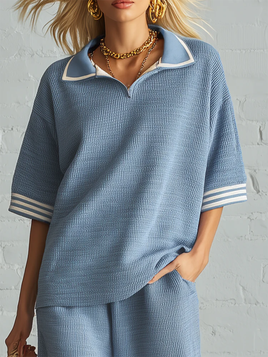 Casual Travel & Sport Polo Collar Knit Two-piece Set