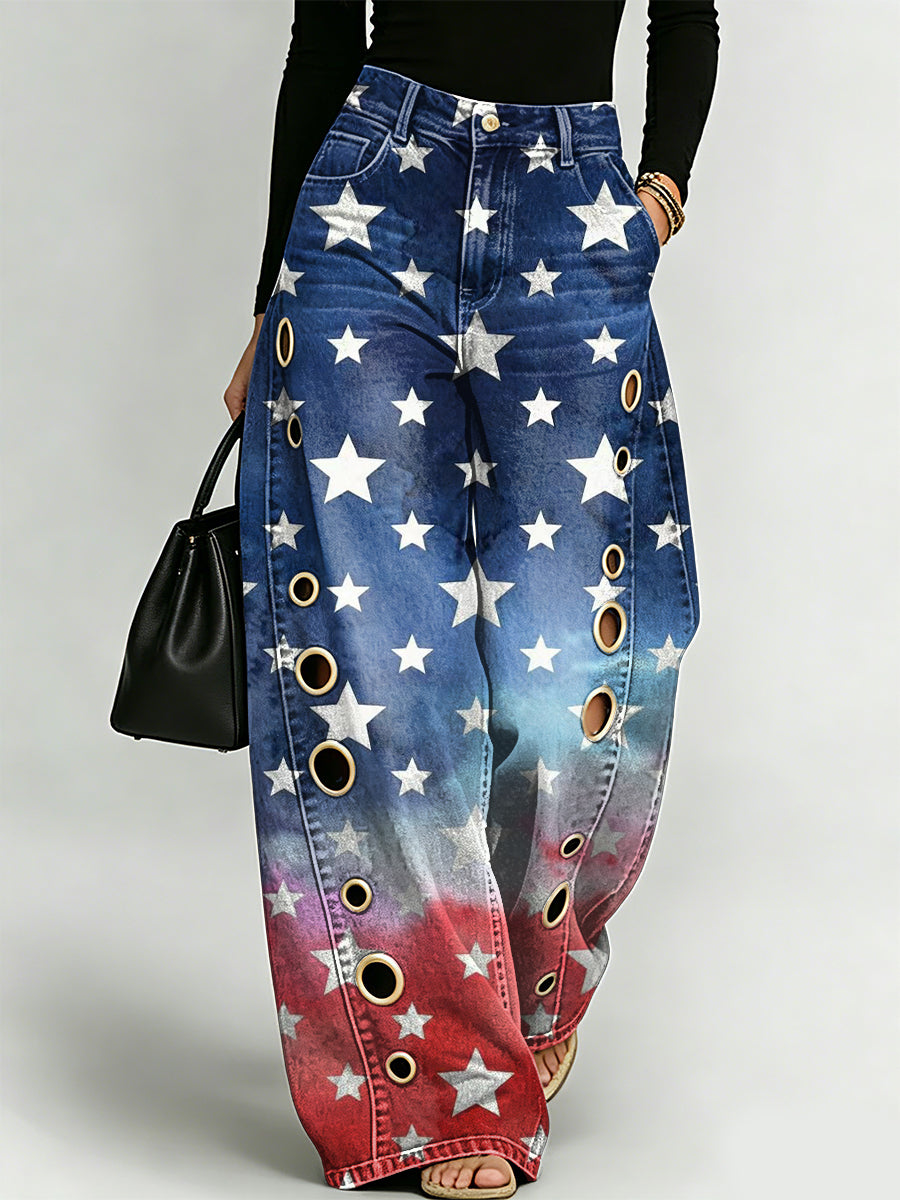 Independence Day Gradient-colored American Star Decorative Pattern Women's Casual Denim Pants