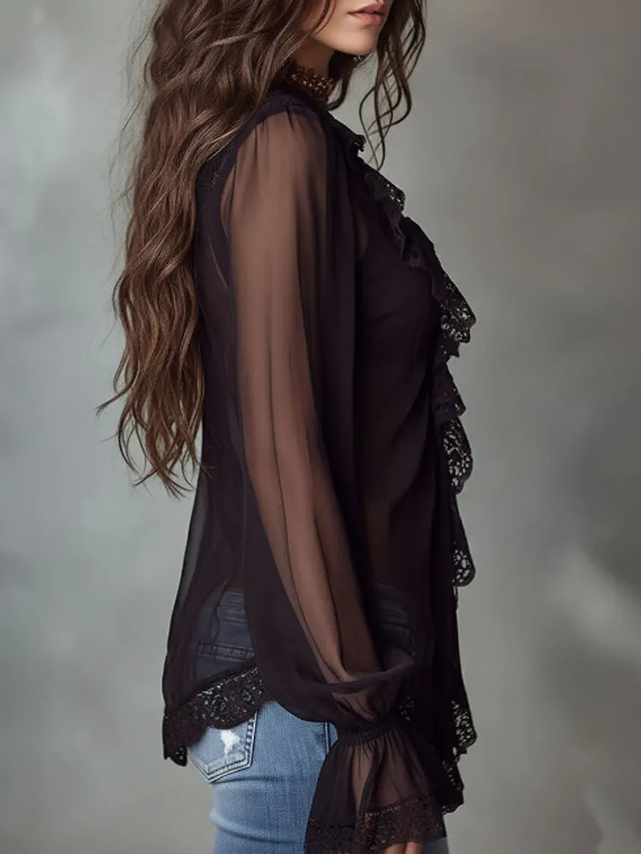 Women's Lace Ruffle Sheer Chiffon Blouse