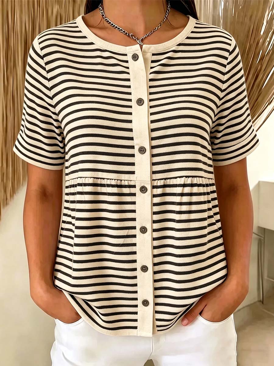 Women's Striped Pattern Art Print Casual Short Sleeve Cotton Shirt