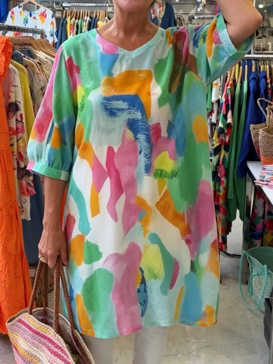 Artistic Watercolor Print V-neck Cotton-linen Long Shirt
