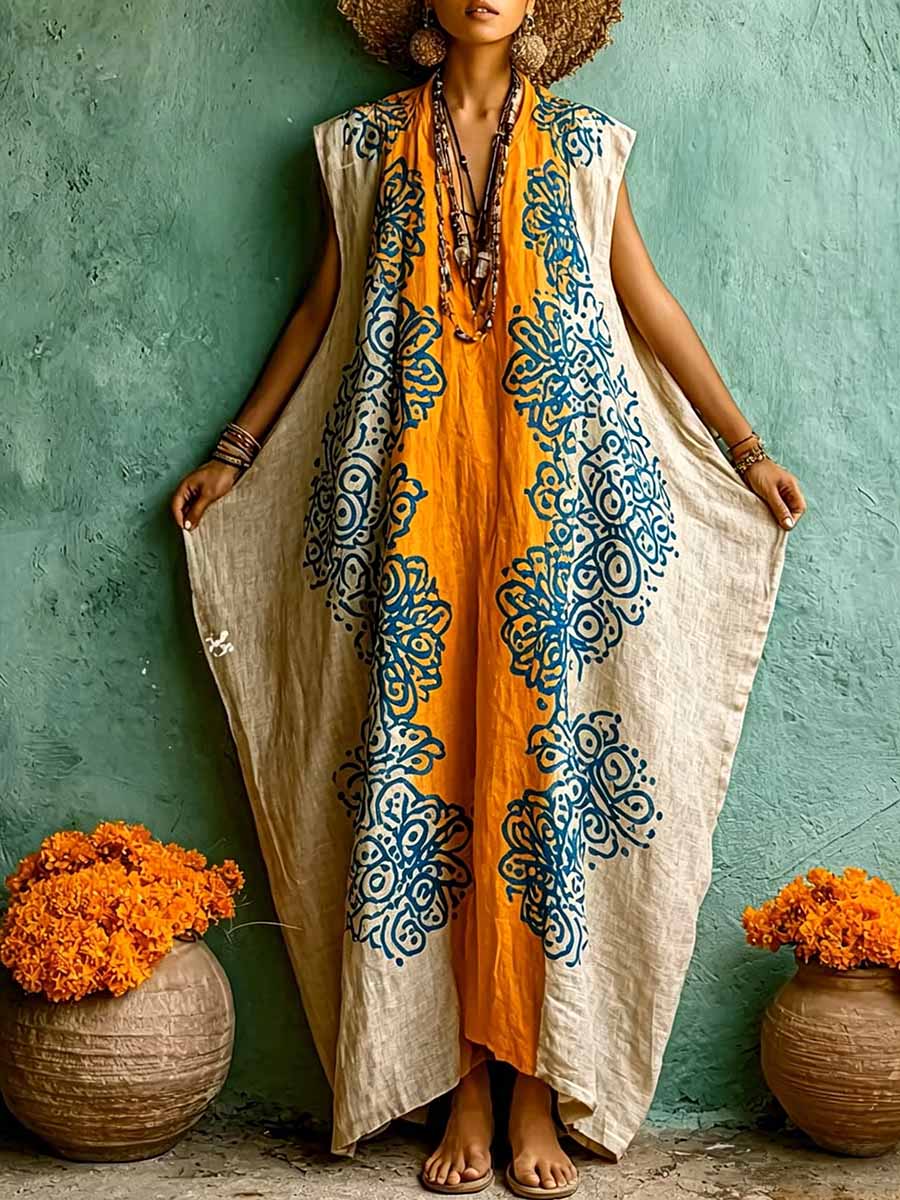 Women's Vintage-print V-neck Sleeveless Loose-fit Cotton-linen Casual Dress