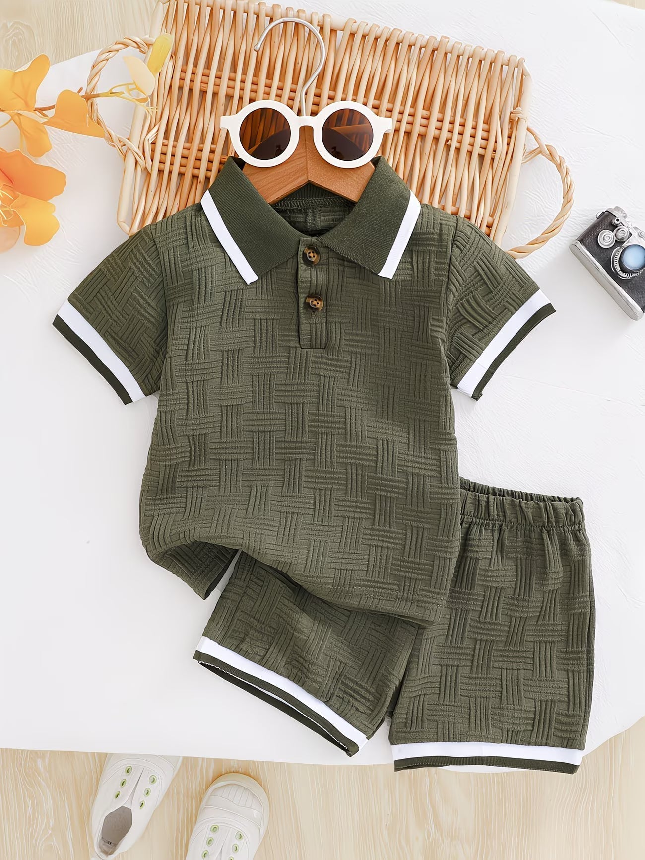 Basil - Textured Polo Shirt & Shorts Set