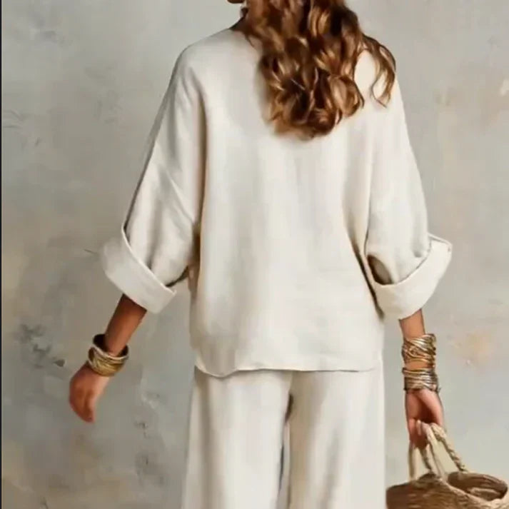 Zelora - Lightweight V-Neck Top & Wide-Leg Pants Set